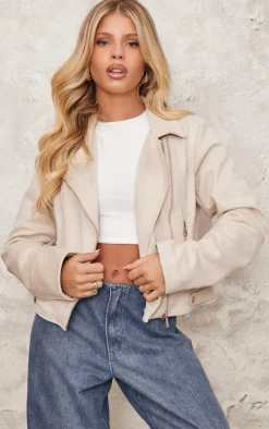Cream Faux Suede Minimal Biker Jacket
