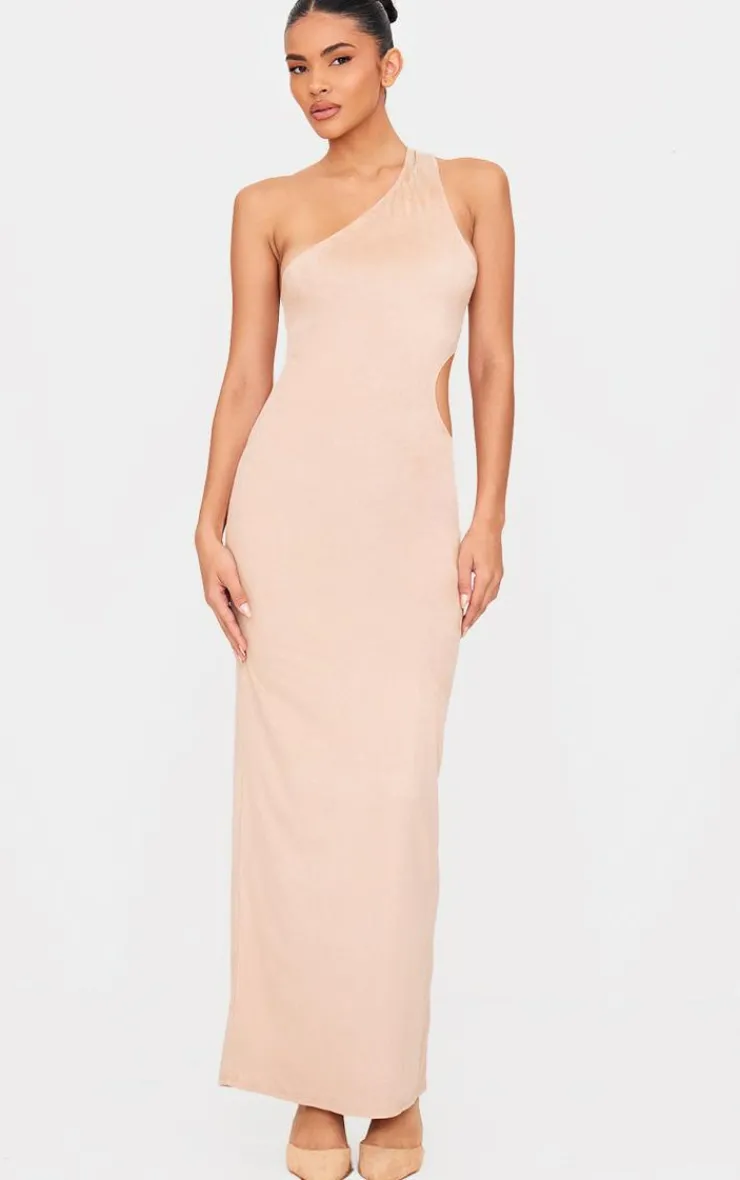 Faux Suede One Shoulder Cut Out Maxi Dress-PrettyLittleThing Online