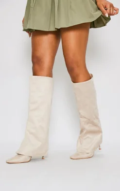 PrettyLittleThing High Heels*Faux Suede Square Toe Fold Over Low Heeled Knee High Boots