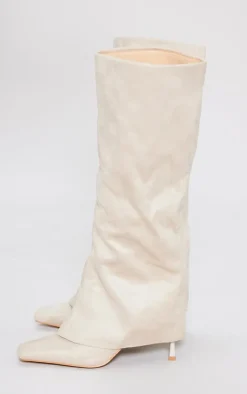 PrettyLittleThing High Heels*Faux Suede Square Toe Fold Over Low Heeled Knee High Boots