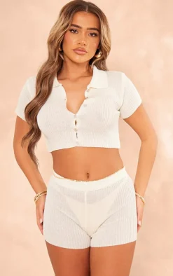 Outlet PrettyLittleThing Filigree Knit Hot Pants Cream