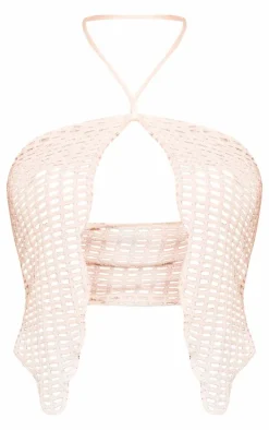 Cream Fishnet Crochet Split Front Bandeau Crop Top