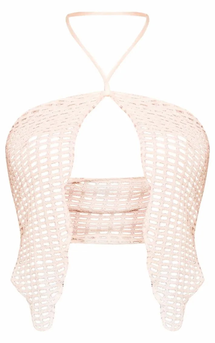 Cream Fishnet Crochet Split Front Bandeau Crop Top