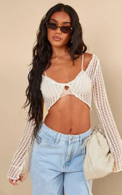 Cream Fishnet Crochet Twist Front Long Sleeve Crop Top