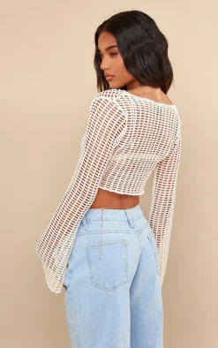 Cream Fishnet Crochet Twist Front Long Sleeve Crop Top