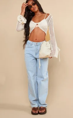 Cream Fishnet Crochet Twist Front Long Sleeve Crop Top