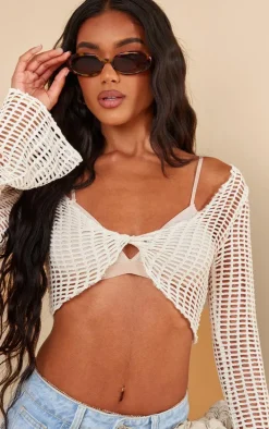 Cream Fishnet Crochet Twist Front Long Sleeve Crop Top