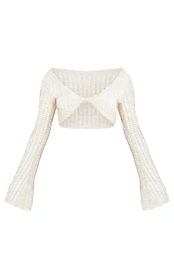 Cream Fishnet Crochet Twist Front Long Sleeve Crop Top