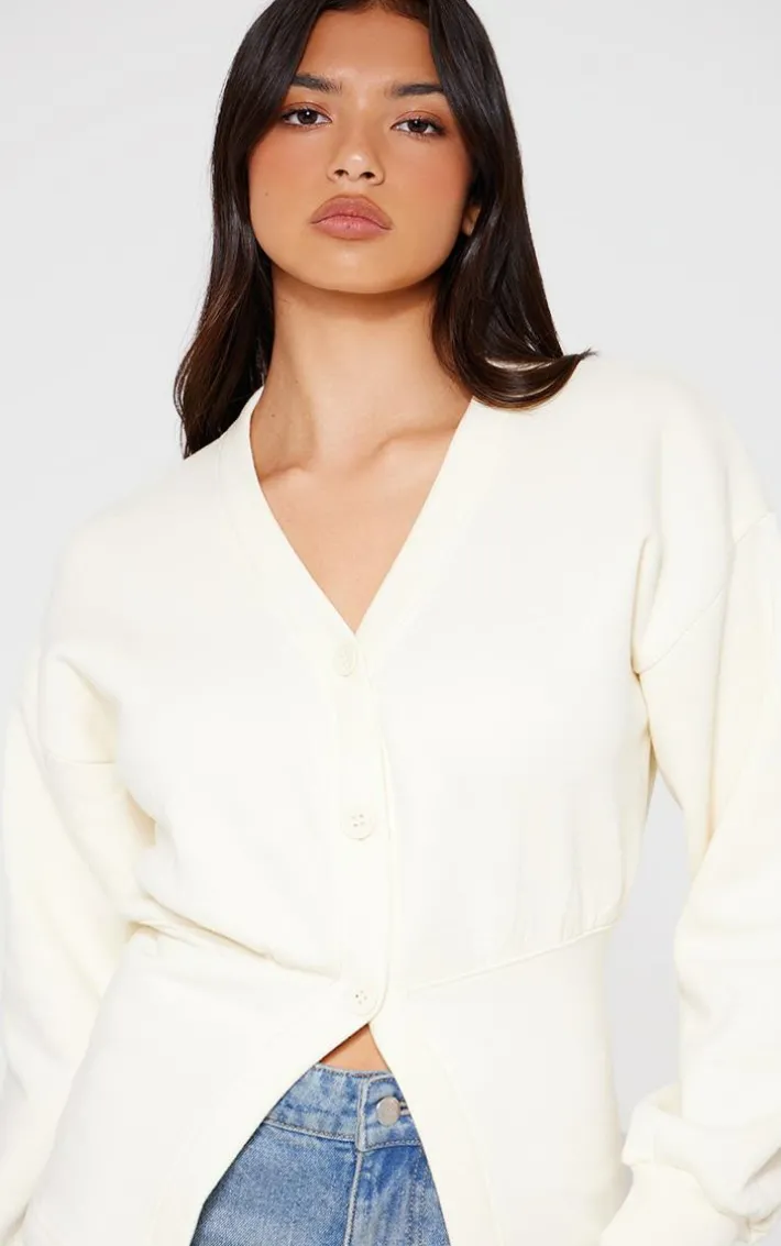 Cream Fitted Waist Button Front Sweatshirt