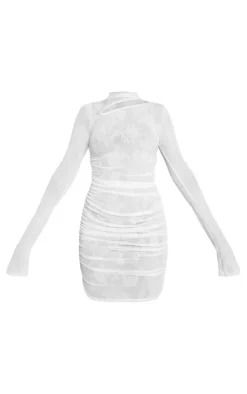 Flocked Mesh High Neck Cut Out Ruched Bodycon Dress-PrettyLittleThing Hot