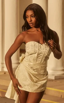 Cream Floral Applique Drape Detail Corset Skort Romper