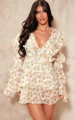 Floral Chiffon Long Sleeve Frill Mini Dress-PrettyLittleThing Best