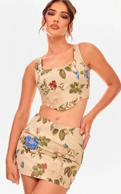 Clearance PrettyLittleThing Floral Corset Crop Top Cream