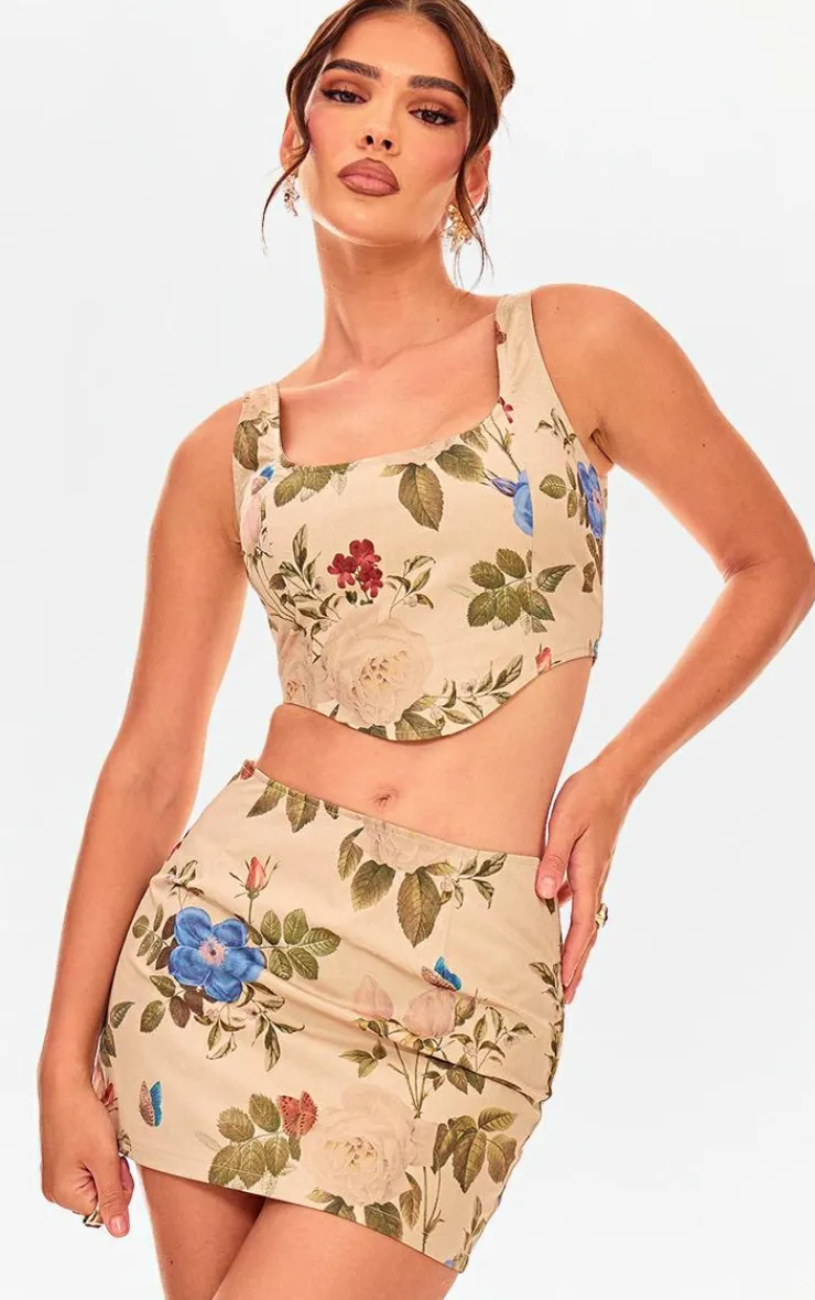 Clearance PrettyLittleThing Floral Corset Crop Top Cream