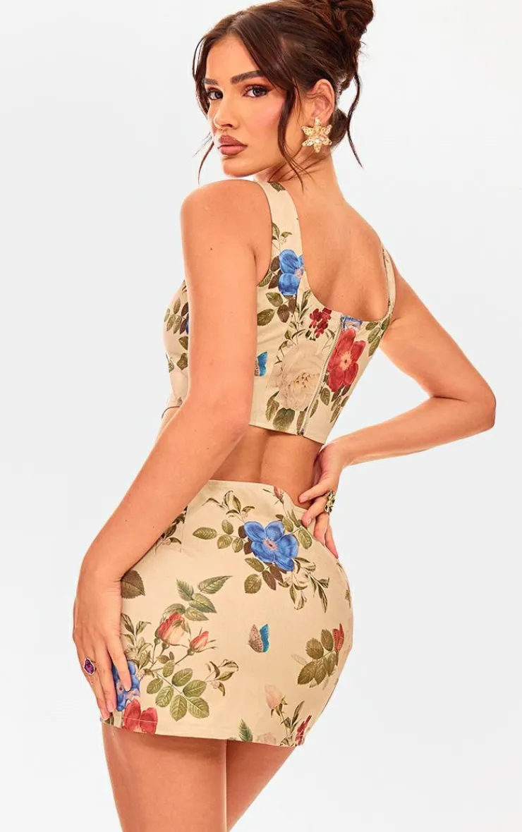 Clearance PrettyLittleThing Floral Corset Crop Top Cream