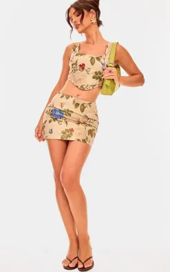Clearance PrettyLittleThing Floral Corset Crop Top Cream
