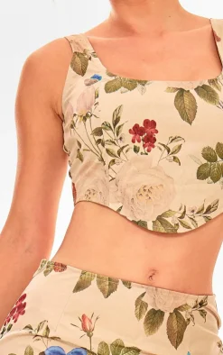 Clearance PrettyLittleThing Floral Corset Crop Top Cream