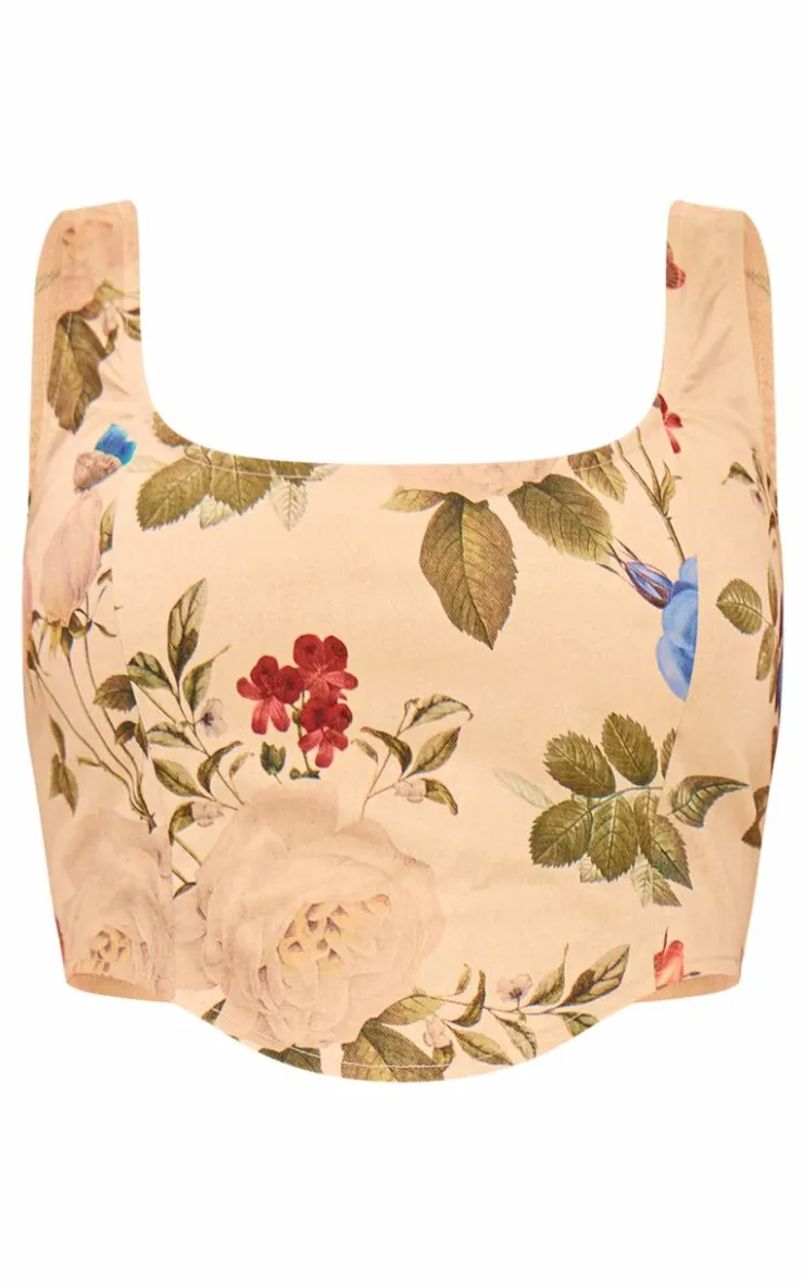 Clearance PrettyLittleThing Floral Corset Crop Top Cream