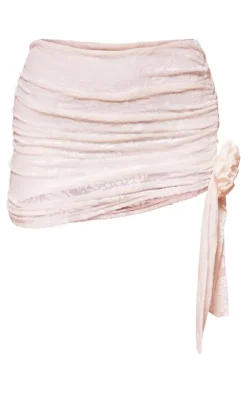 New PrettyLittleThing Floral Devore Ruched Mini Skirt Cream
