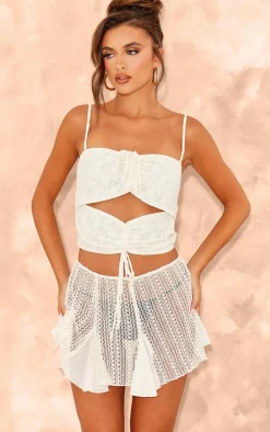 Cream Floral Lace Textured Cut Out Tie Crop Top