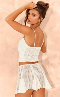 Cream Floral Lace Textured Cut Out Tie Crop Top