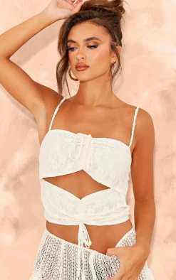 Cream Floral Lace Textured Cut Out Tie Crop Top