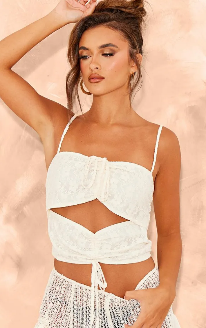 Cream Floral Lace Textured Cut Out Tie Crop Top