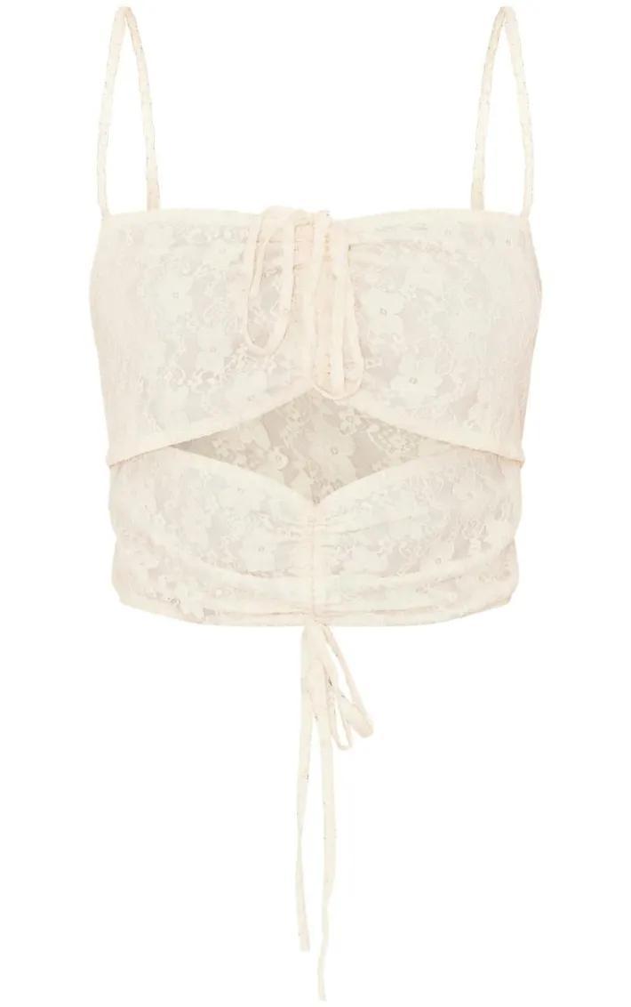 Cream Floral Lace Textured Cut Out Tie Crop Top
