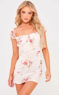 Floral Mesh Cap Sleeve Mini Dress-PrettyLittleThing Online