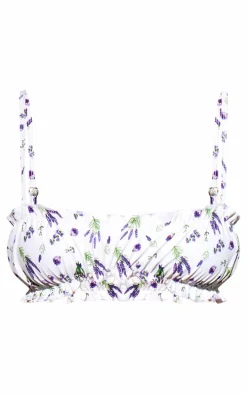 Cream Floral Print Frill Bikini Top