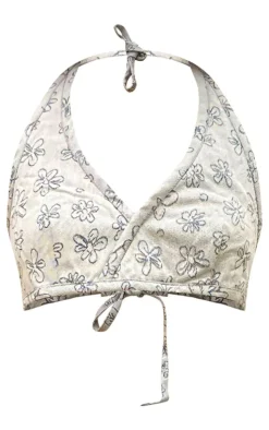 Hot PrettyLittleThing Floral Print Halterneck Bralet Cream