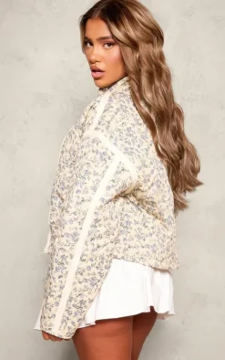 Cream Floral Print Pocket Detail Quilted Jacket