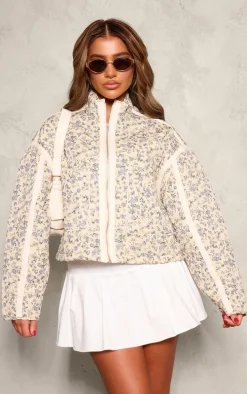 Cream Floral Print Pocket Detail Quilted Jacket