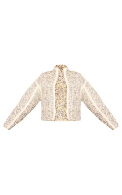 Cream Floral Print Pocket Detail Quilted Jacket