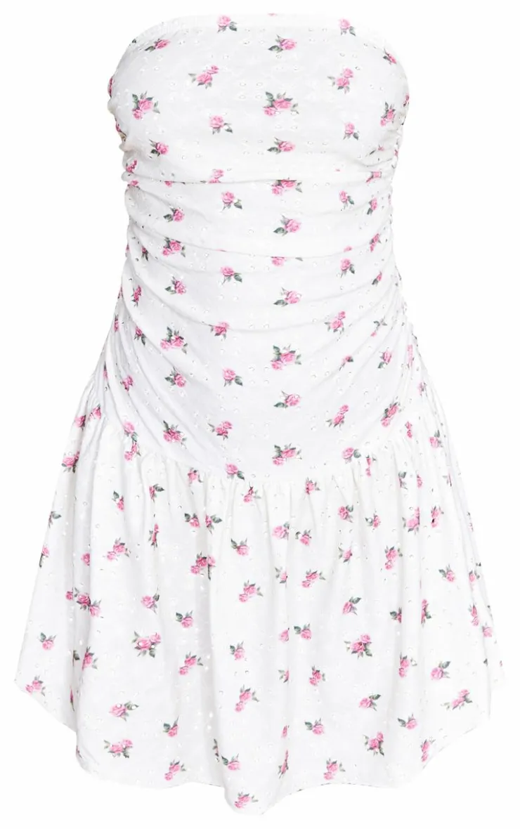 Floral Printed Broderie Frill Bandeau Bodycon Dress-PrettyLittleThing Discount