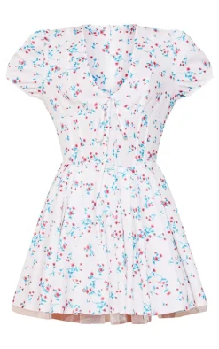 Floral Short Sleeve Tie Pleated Shift Dress-PrettyLittleThing