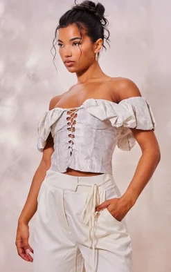 PrettyLittleThing Corsets*Floral Structured Satin Extreme Ruched Lace Up Boned Corset