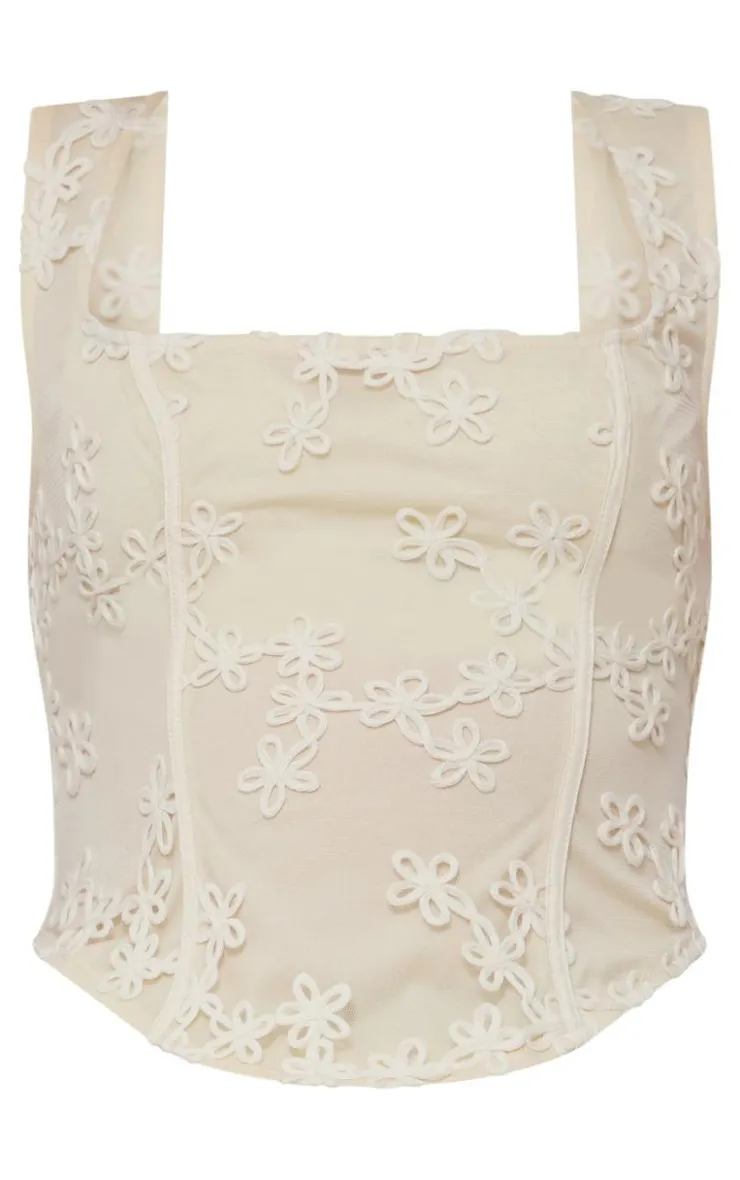 Best PrettyLittleThing Floral Textured Corset Top Cream