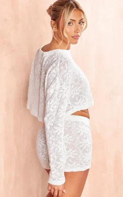 Discount PrettyLittleThing Floral Textured Rib Crop Long Sleeve Top Cream
