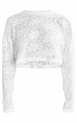 Discount PrettyLittleThing Floral Textured Rib Crop Long Sleeve Top Cream