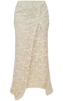 Online PrettyLittleThing Floral Textured Thigh High Split Maxi Skirt Cream