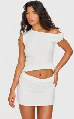 Online PrettyLittleThing Fluffy Boucle Knit Micro Mini Skirt Cream