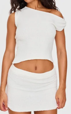 Online PrettyLittleThing Fluffy Boucle Knit Micro Mini Skirt Cream