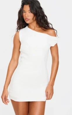 Cream Fluffy Boucle Knit Asymmetric Ruched Shoulder Mini Dress