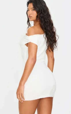 Cream Fluffy Boucle Knit Asymmetric Ruched Shoulder Mini Dress
