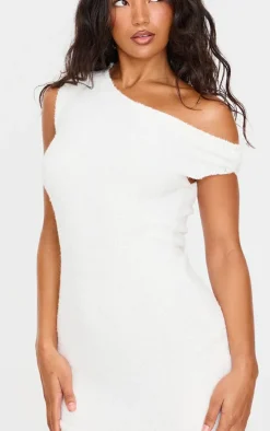 Cream Fluffy Boucle Knit Asymmetric Ruched Shoulder Mini Dress