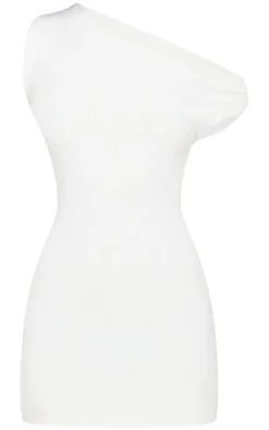 Cream Fluffy Boucle Knit Asymmetric Ruched Shoulder Mini Dress