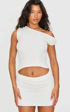 Outlet PrettyLittleThing Fluffy Boucle Knit Asymmetric Ruched Shoulder Top Cream