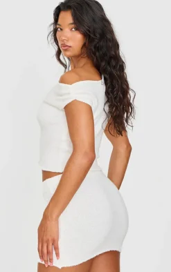 Outlet PrettyLittleThing Fluffy Boucle Knit Asymmetric Ruched Shoulder Top Cream