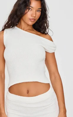 Outlet PrettyLittleThing Fluffy Boucle Knit Asymmetric Ruched Shoulder Top Cream